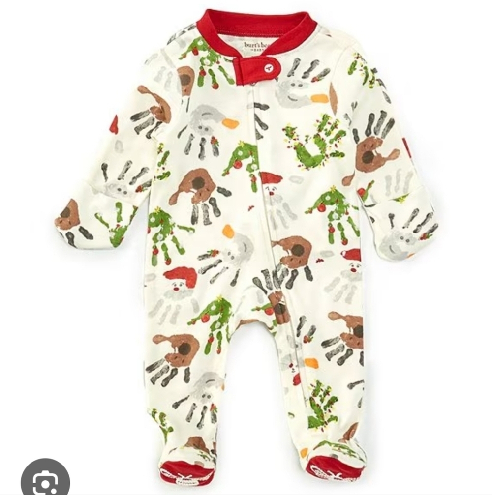 Burt's Bee Baby Holiday Christmas Hand Print Baby Pajamas Size Newborn